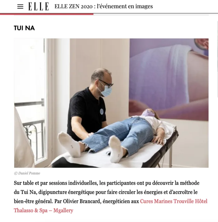 Article ELLE ZEN 2020 : Olivier Brancard en séance de Tui Na sur le salon