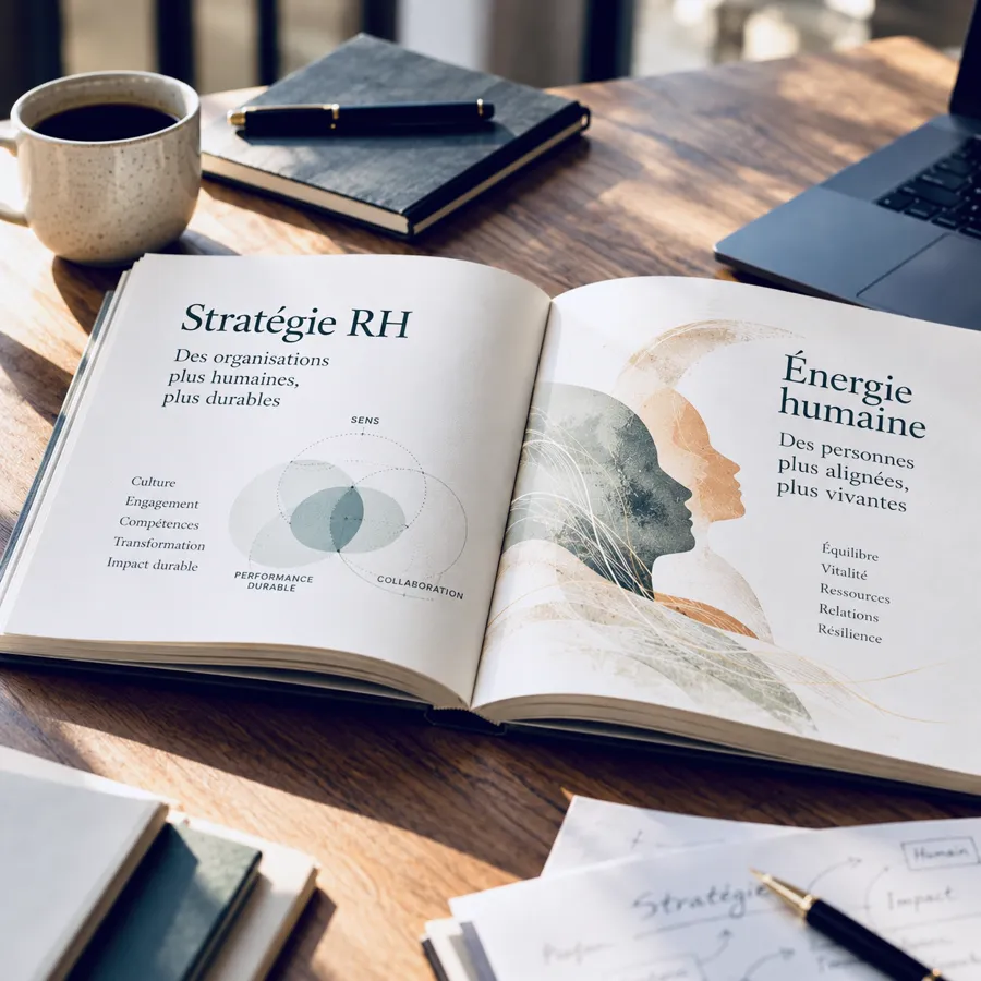 Carnet ouvert sur deux pages : stratégie RH et énergie humaine